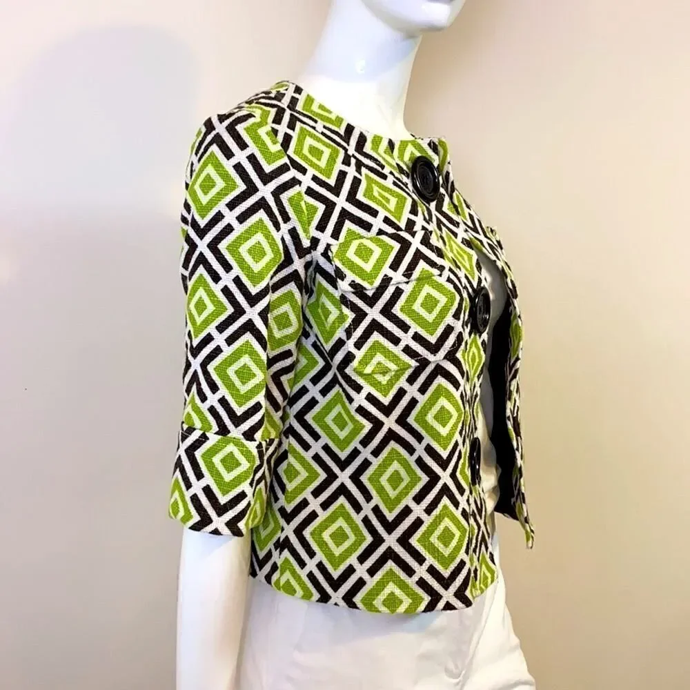 Michael Kors Jacket Lightweight Crop Lime Green Geometric Pattern Size XS